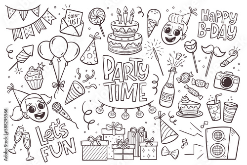 Kids party doodle elements for invitations, greeting cards, backgrounds... Happy birthday hand drawn set. Party garlands, gift boxes, cake with candles, fireworks, confetti, party hats, music, balloon
