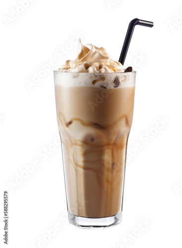 Coffe frappe in a glass with a straw on cutout PNG transparent background. Generative AI