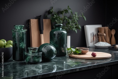  a kitchen counter with a cutting board and green vases on top of it and a cutting board on the side of the counter next to the counter.  generative ai