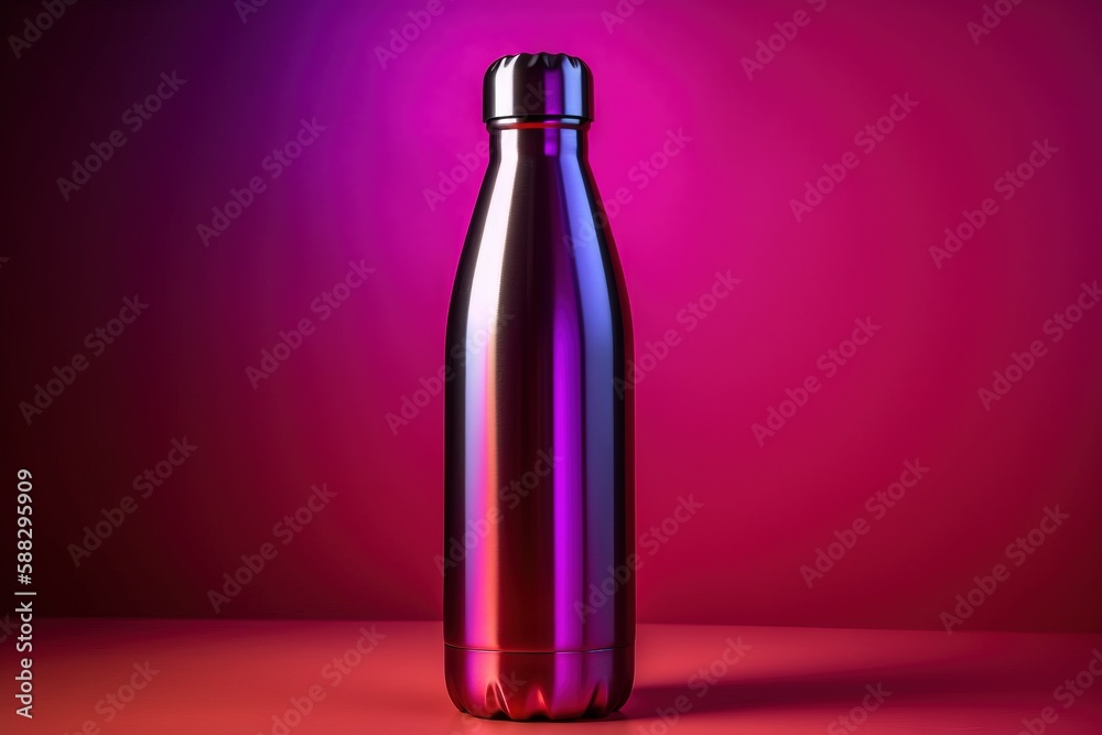 a shiny metal bottle on a pink and purple background with a red light in the back ground and a red light in the front of the bottle. generative ai a shiny metal bottle on a pink and purple background with a red light in the back ground and a red light in the front of the bottle. generative ai