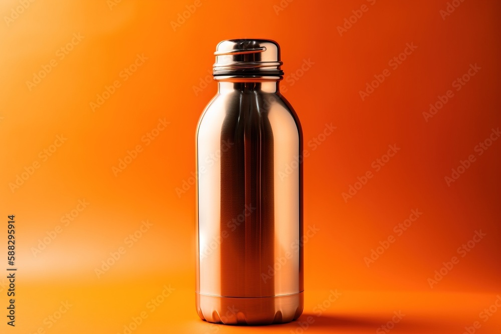 a shiny metal bottle on an orange and yellow background with a reflection of light on the bottle and the lid is slightly tilted to the side. generative ai a shiny metal bottle on an orange and yellow background with a reflection of light on the bottle and the lid is slightly tilted to the side. generative ai