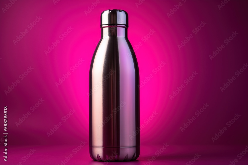 a shiny metal bottle on a purple background with a pink light in the back ground and a pink light in the front of the bottle.  generative ai
