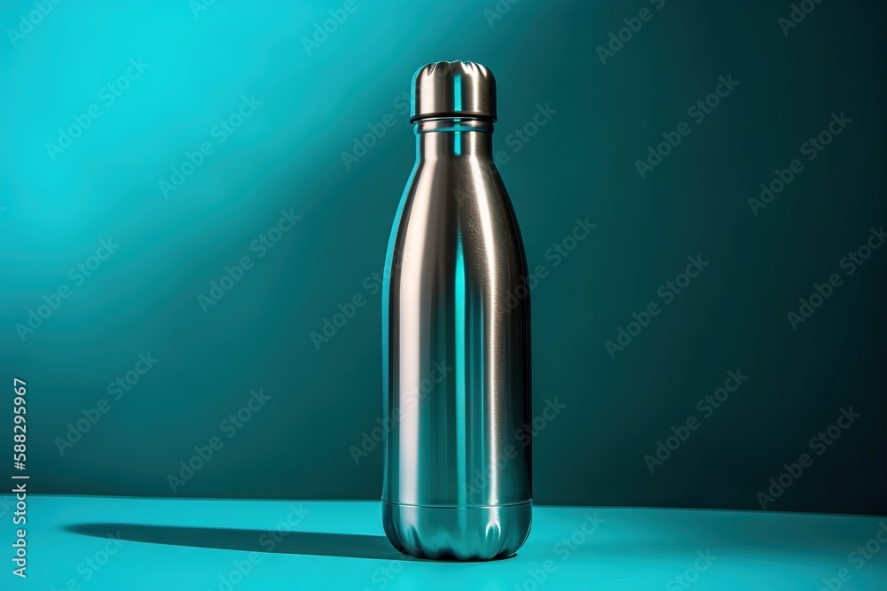 a shiny metal water bottle on a blue surface with a green back ground and a blue back ground behind the bottle is a light blue background. generative ai a shiny metal water bottle on a blue surface with a green back ground and a blue back ground behind the bottle is a light blue background. generative ai