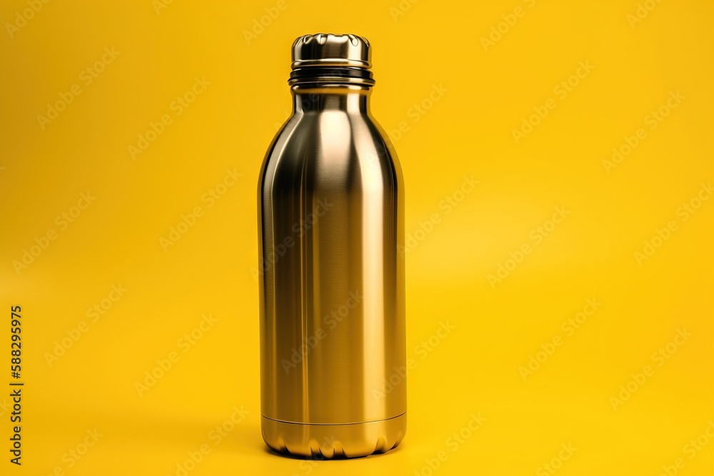 a metallic bottle on a yellow background with a yellow back dropper and a black cap on the top of the bottle is a yellow background. generative ai a metallic bottle on a yellow background with a yellow back dropper and a black cap on the top of the bottle is a yellow background. generative ai