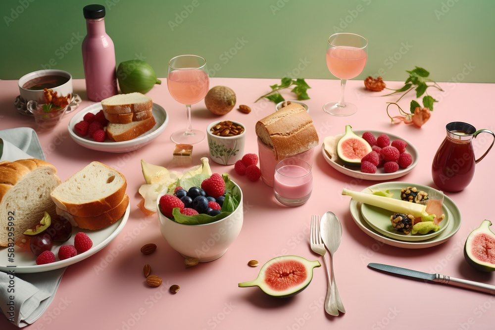 a pink table topped with plates and bowls of food next to a bowl of fruit and a bowl of bread and a glass of wine. generative ai a pink table topped with plates and bowls of food next to a bowl of fruit and a bowl of bread and a glass of wine. generative ai