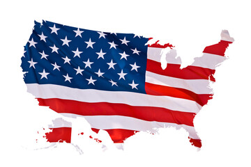 American flag in the shape of a US map isolated on white or transparent background, memorial day, America 250th anniversary, 4th of July Independence day, national holiday,  png cut out