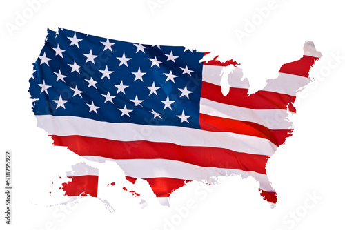 American flag in the shape of a US map isolated on white or transparent background, memorial day, 4th of July Independence day, national holiday,  png cut out photo