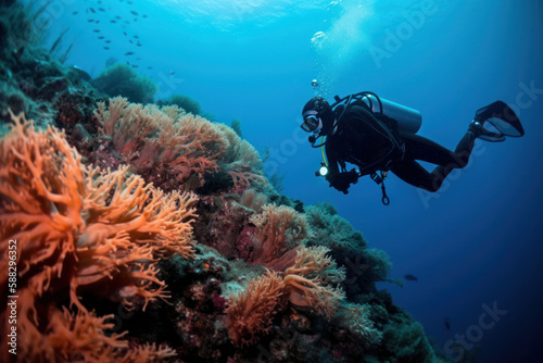 Wallpaper Mural scuba diver swims among fish and red coral reef.Generative AI Torontodigital.ca