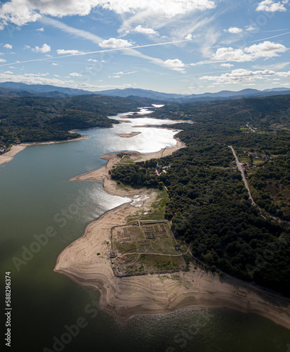 Aerial view of Roman archeological military camp Aquis Querquennis in Porto-Quintela near Conchas reservoir in Ourense, Galicia, Spain. photo