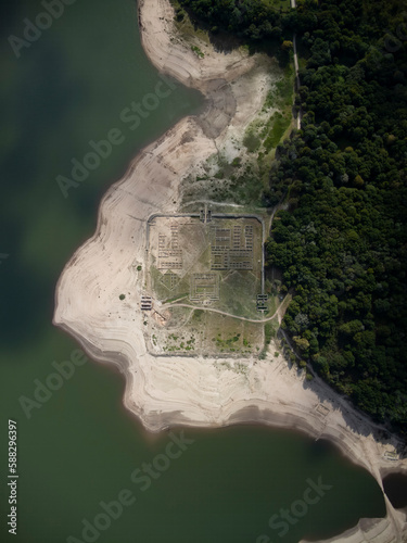 Aerial view of Roman archeological military camp Aquis Querquennis in Porto-Quintela near Conchas reservoir in Ourense, Galicia, Spain. photo