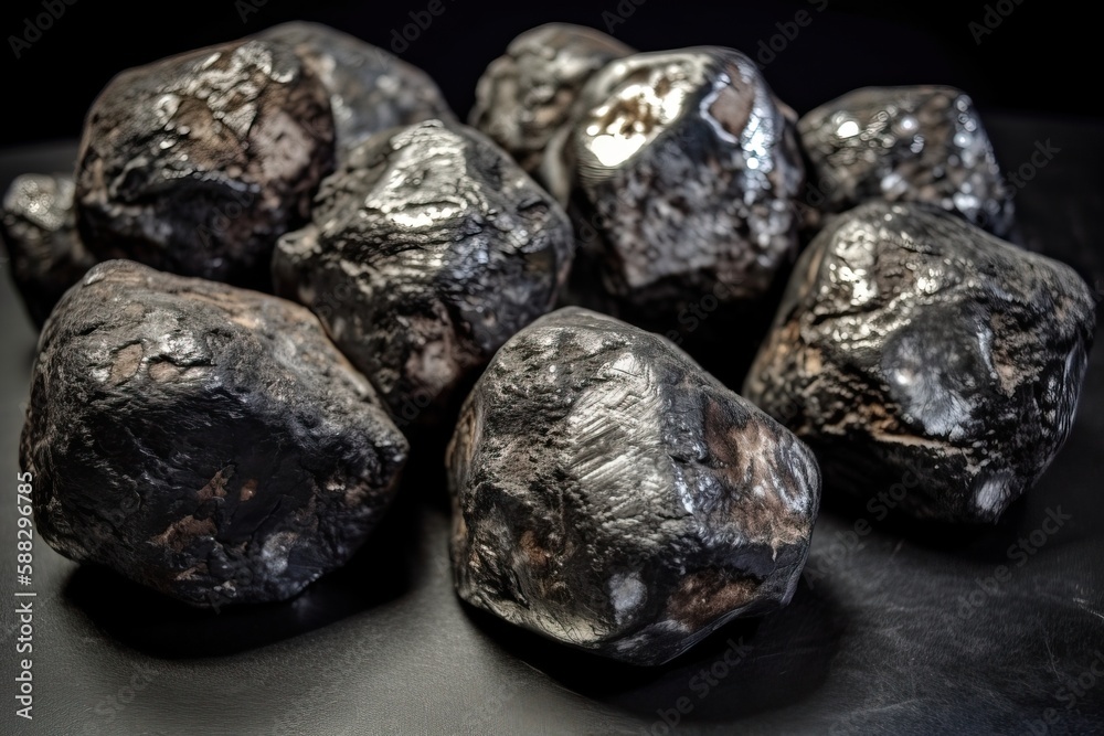 Stones of meteorites, asteroids on a black background, generative AI. Stones of meteorites, asteroids on a black background, generative AI.