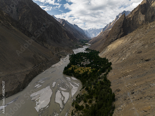 Aerial view of Mashabrum Valley and town of Hushe in GIlgit Balitstan, Karakoram range of the Himalayas, Pakistan. photo