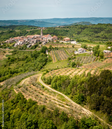 Aerial view of Novaki Motovunski village located on the top of a hill in central Istria, Croatia. photo