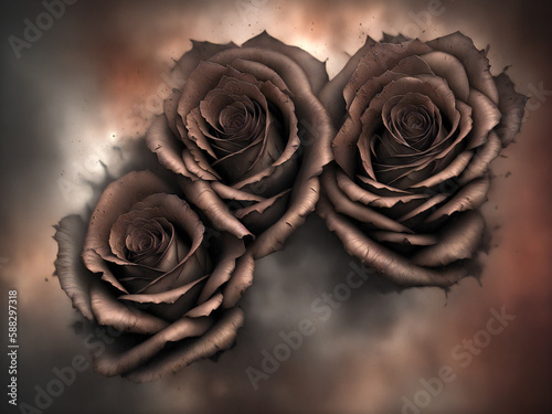 three copper roses on a dusty background. generative ai photo