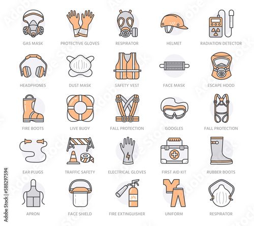 Personal protective equipment vector line icons. Gas mask, worker helmet, respirator, bump cap, ear plugs and safety work garment. Health protection thin linear signs. Orange color. Editable Stroke