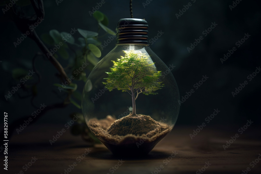 Light bulb with green tree inside. Nature forest and environment preservation concept. Saving the planet idea. Green renewable energy. Innovation eco friendly sustainable source of power. Ai generated Light bulb with green tree inside. Nature forest and environment preservation concept. Saving the planet idea. Green renewable energy. Innovation eco friendly sustainable source of power. Ai generated
