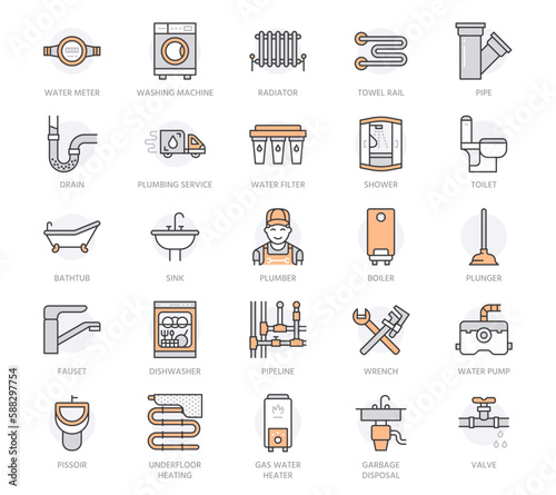 Plumbing service vector flat line icons. Bathroom equipment, faucet, toilet, pipeline leakage repair, dishwasher. Plumber illustration, thin linear signs for handyman. Orange color. Editable Stroke
