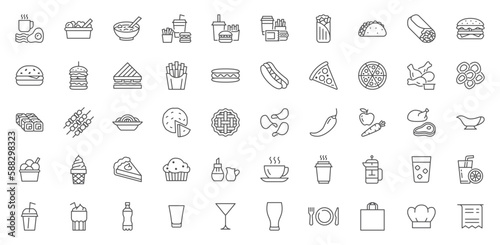 Restaurant menu line icons set. Salad, breakfast, fast food dinner, pizza, pasta, sushi, cocktails, vegetarian meal, tacos vector illustration. Outline signs for takeaway lunch. Editable Stroke