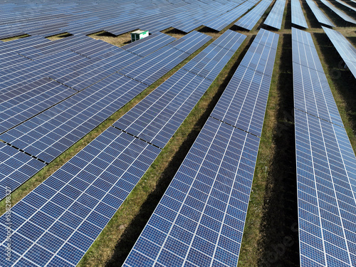 Aerial view of peatland photovoltaic panels at the ecological Solarpark Klein Rheide, Schleswig-Holstein, Germany.