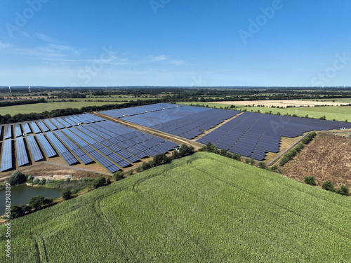 Aerial view of peatland photovoltaic panels at the ecological Solarpark Klein Rheide, Schleswig-Holstein, Germany. photo