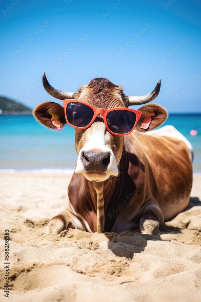 A cow with sunglasses sunbathing on the beach sand in summertime Generative AI Illustration