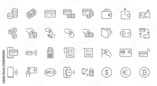 Payment line icons set. Cash money, coins in hand, credit card, wallet, bank check, cashless pay, receipt, contactless purchase vector illustration. Outline signs for finance app. Editable Stroke © nadiinko