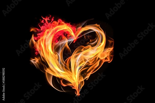 Effect of a heart with yellow and red fire flames with black background Generative AI Illustration
