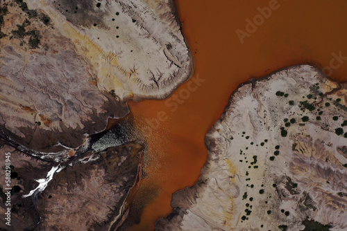 Aerial view of post-coal landscape, now a protected nature habitat Wanninchen, Brandenburg, Germany. photo