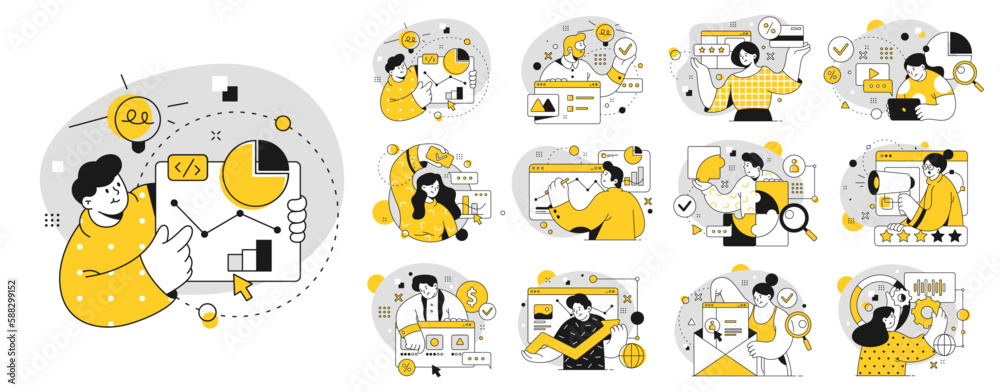 Employees working on business project, development of company. Financing and marketing department, graphs and diagrams. Vector people and charts in flat cartoon illustration