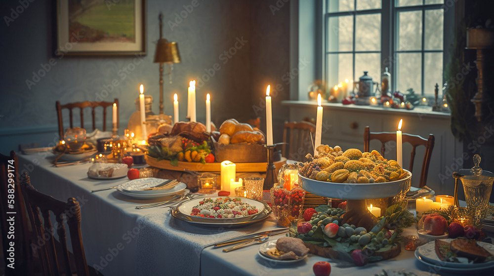 A table set for Christmas food feast - A merry holiday delicious dinner scene with candles for family gathering.