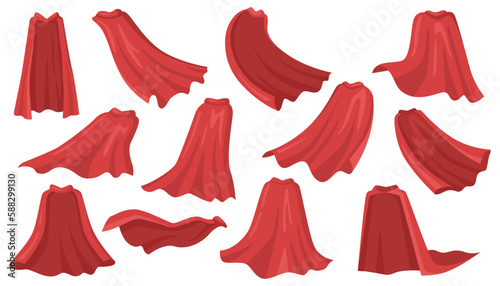Cloak shoulders covering, isolated set of clothing. Costume or suit outfit. Red manteau, cape or mantle part of apparel. Vector in flat cartoon illustration