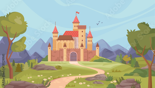 Landscape with castle and nature, mountains and greenery. Historical sight or architecture attraction, sightseeing. Vector fairy tale royal palace in flat cartoon illustration