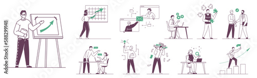 Business presentation for colleagues, interaction at work and achieving results. Company employees in office working on project. Vector people and charts set in flat cartoon illustration