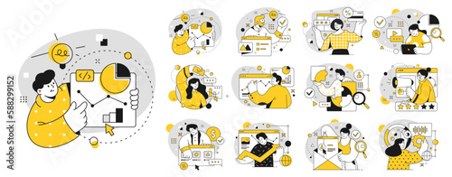 Employees working on business project, development of company. Financing and marketing department, graphs and diagrams. Vector people and charts in flat cartoon illustration