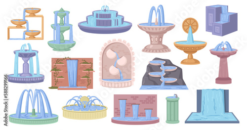Fountains with jets of water, isolated collection of decorative structures with splashes of water. Park landscape design for exterior, fount and water. Vector in flat cartoon illustration
