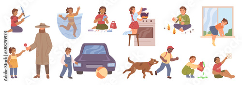 Danger at home or outside for children, isolated kids playing with dangerous objects and appliances. Safety and hazard. Flat cartoon, vector illustration