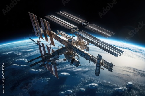 Earth's orbital satellites fly around it, communication satellites in space, generative AI.