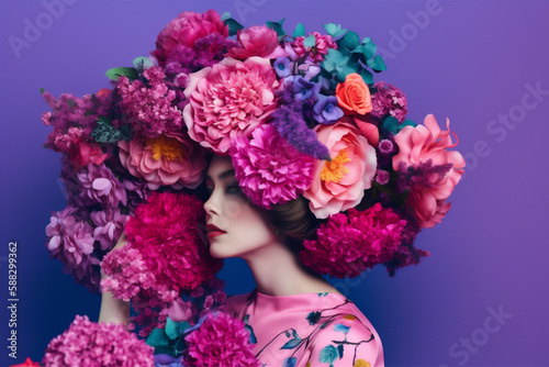 beauty woman summer face art portrait bouquet spring peony fashion flower. Generative AI.