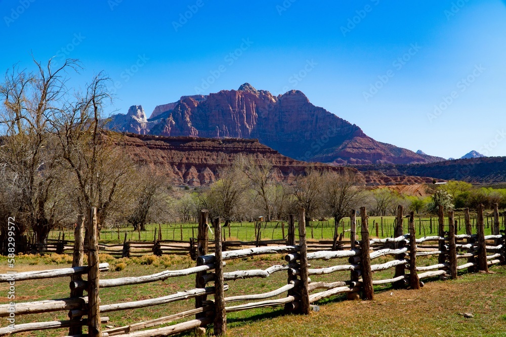 Closeup of a part of Zion national park with trees and wooden fence and a canyon in the background
