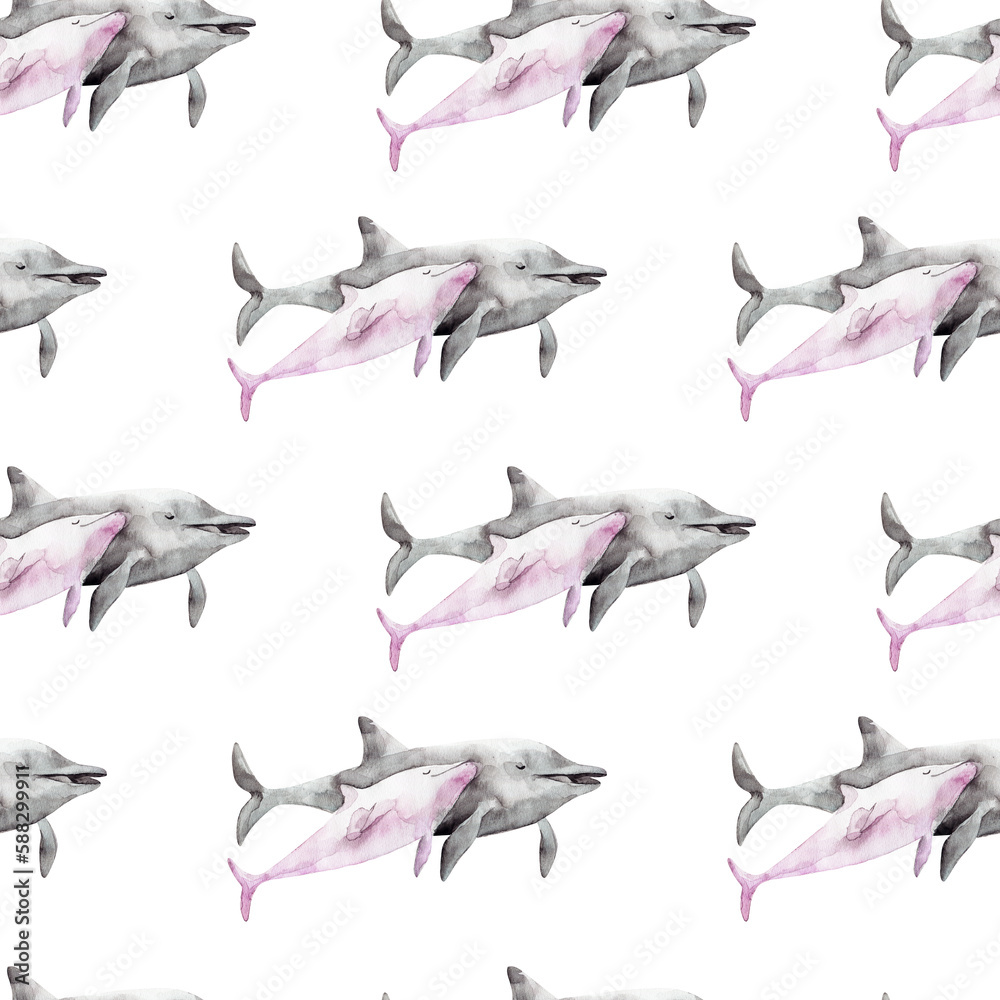 Obraz premium watercolor dolphin pattern cute ocean animal. Watercolor cute dolphin pattern. Hand painting postcard with dolphin isolated white background. Ocean animals.