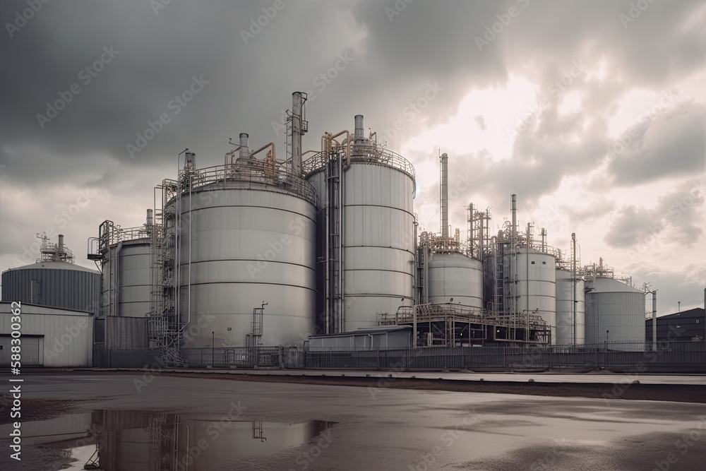 modern petrochemical plant with reactors and converters under heavy sky with copyspace