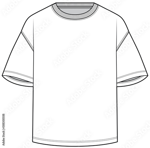 oversize crew neck t shirt flat sketch vector illustration mens short sleeve drop shoulder t shirt technical cad drawing template