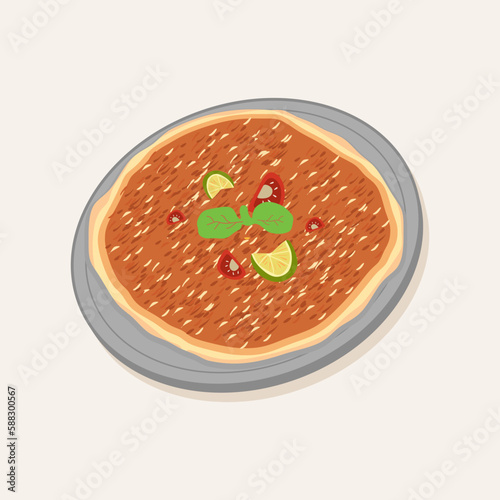 Armenian Lahmacun Flatbread Pizza - Armenian Lahmacun Flatbread Pizza with Ground Beef and Spices Vector Illustration