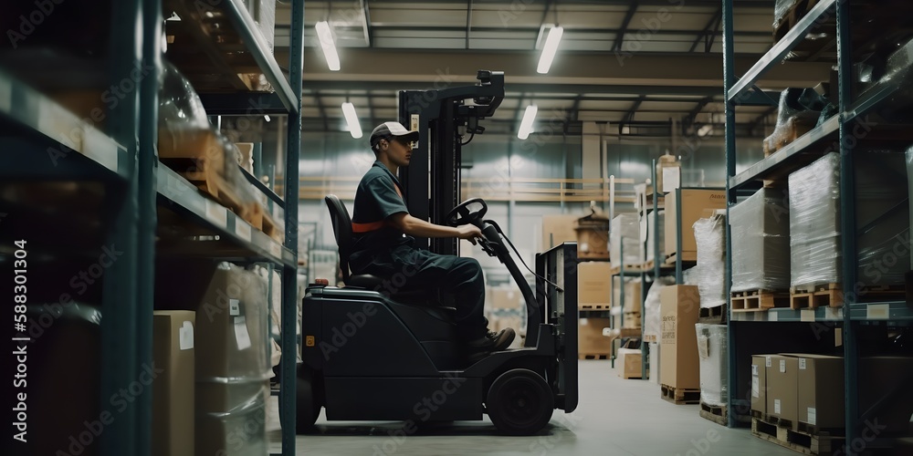 Storehouse employee in uniform working on forklift in modern automatic warehouse.Boxes are on the shelves of the warehouse. Warehousing, machinery concept. Generative Ai.