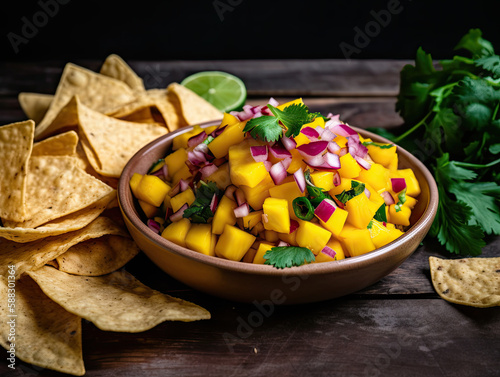 Mango salsa served with tortilla chips, created with Generative AI technology.