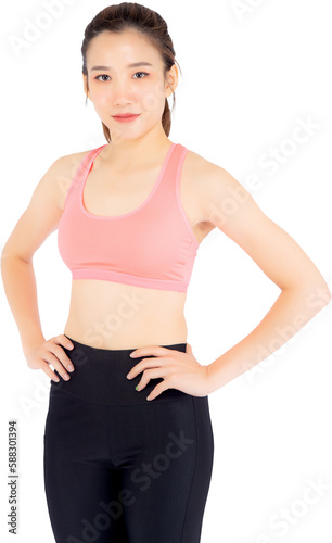 Beautiful portrait young asian woman in sport clothing with satisfied and confident, girl asia have shape and wellness, exercise for fit with health concept.