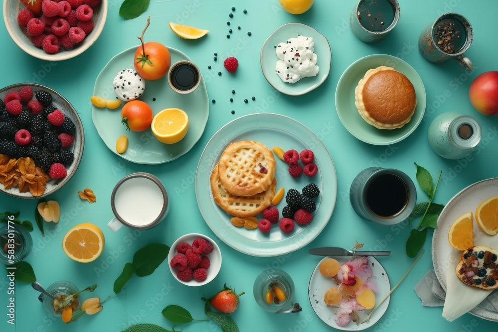 a blue table topped with plates of food and fruit next to cups of coffee and oranges and a cake on a plate next to another plate. generative ai a blue table topped with plates of food and fruit next to cups of coffee and oranges and a cake on a plate next to another plate. generative ai