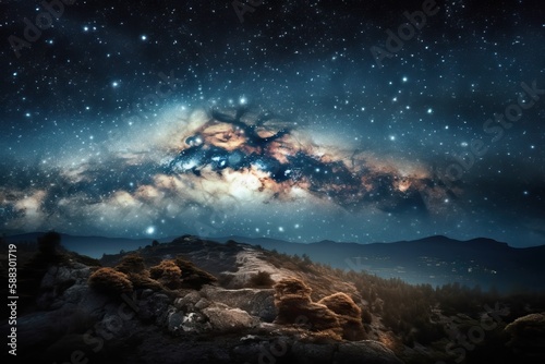 The starry sky and many bright galaxies are on the horizon, A universe filled with stars,generative AI. © Niko_Dali