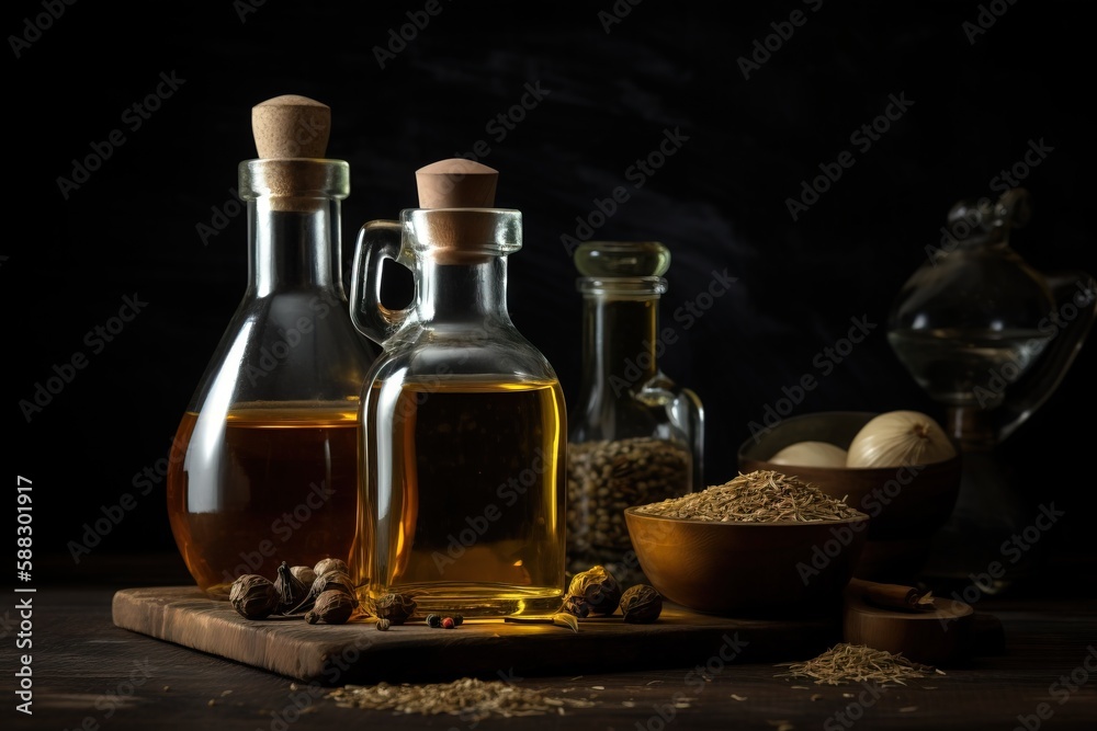 a table topped with bottles of oil and a bowl filled with nuts and nutshells next to a bowl of nuts and a glass bottle of oil. generative ai a table topped with bottles of oil and a bowl filled with nuts and nutshells next to a bowl of nuts and a glass bottle of oil. generative ai