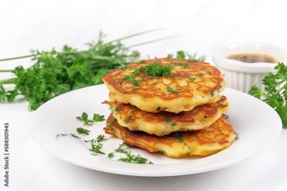  a stack of pancakes on a plate with a cup of coffee in the backgroung of the plate and a sprig of parsley on the side.  generative ai